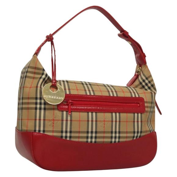 BURBERRY Nova Check Shoulder Bag Canvas Leather Beige Red gold Auth 132941 - Picture 1 of 16